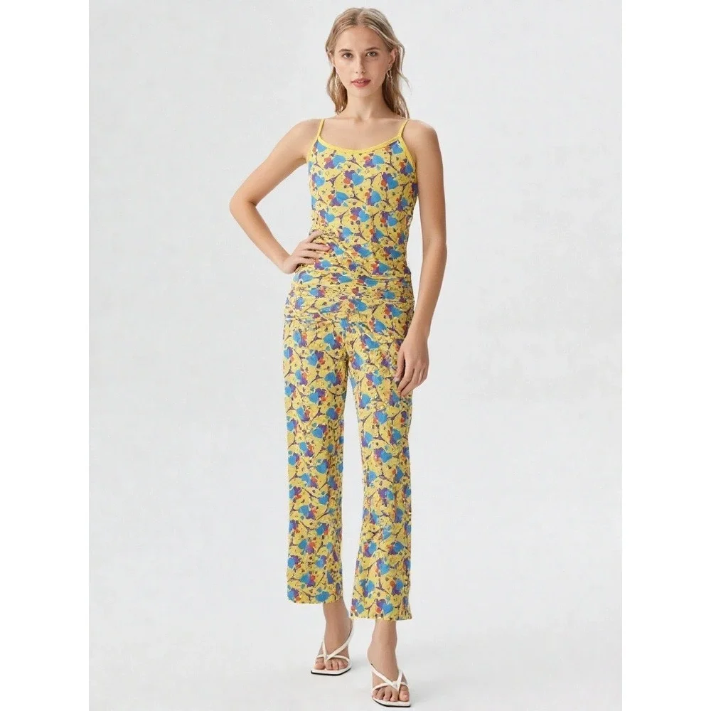 Pajama Set Camisole‎ Pants Yellow Eiffel Tower Hearts Print M